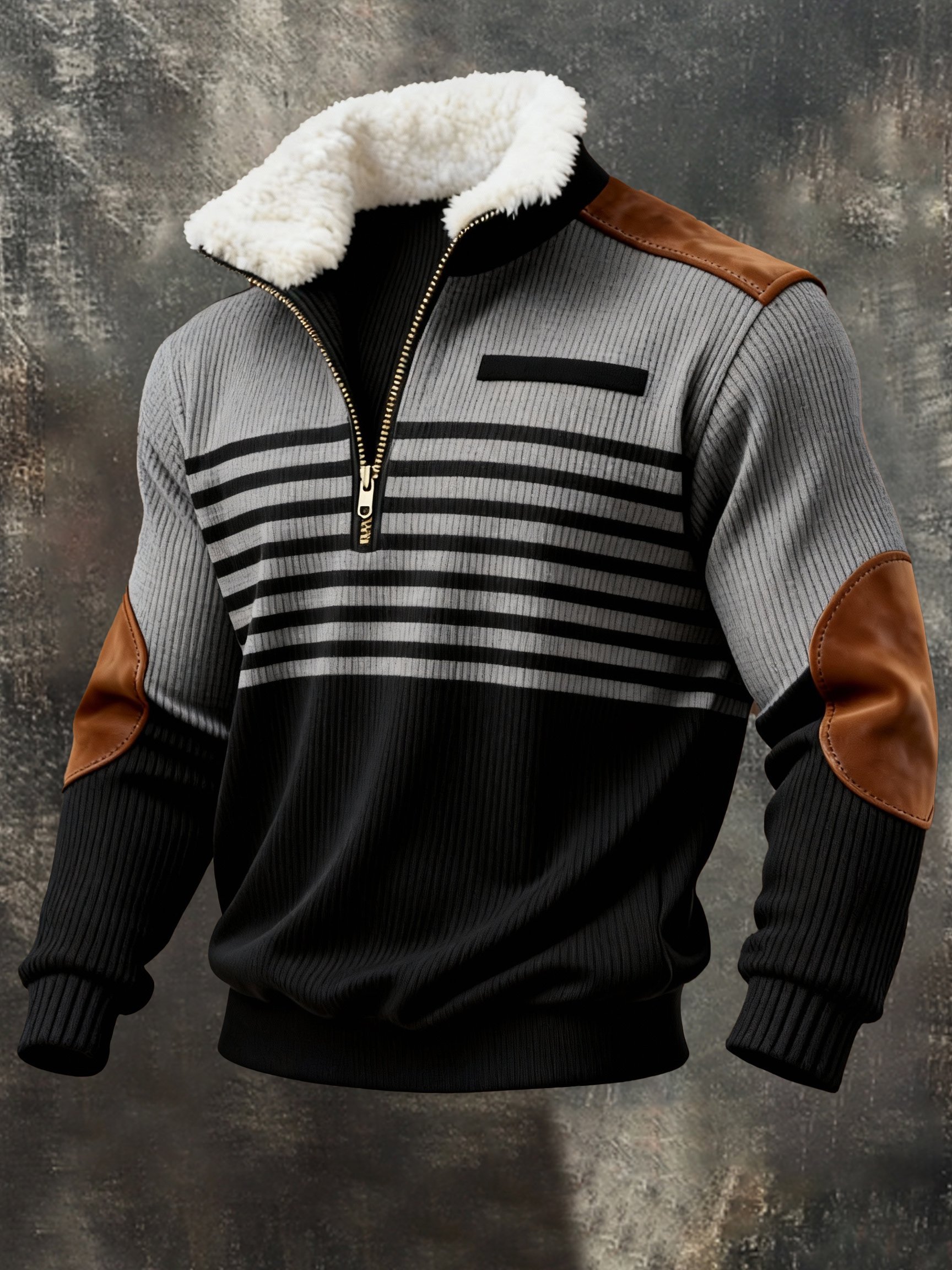 Men's Retro Color Block Print Fur Collar Sweatshirt