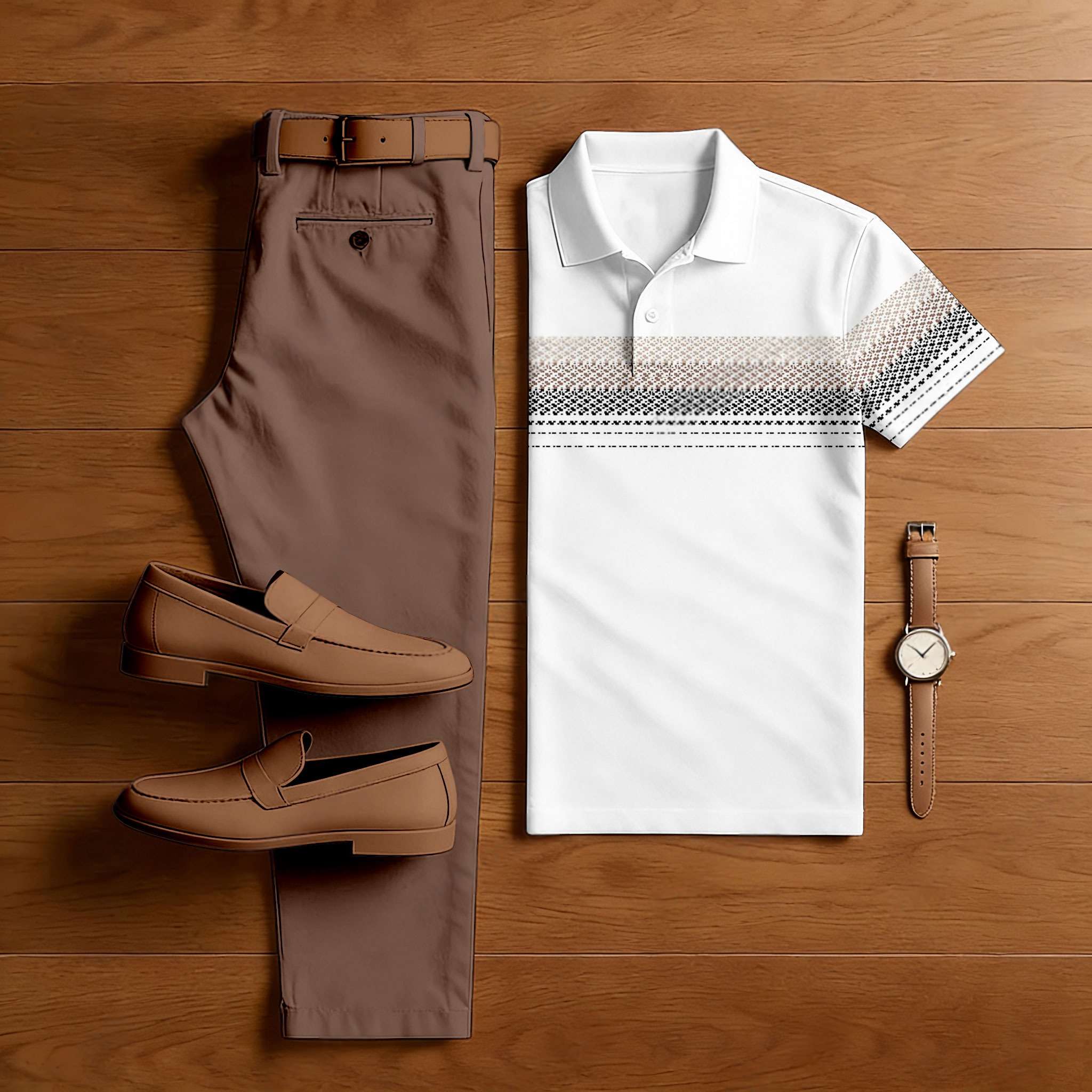 Men's Casual Red Brown & White Color Matching Retro Style Printed Short Sleeved Polo Shirt & Trousers Two-Piece Set