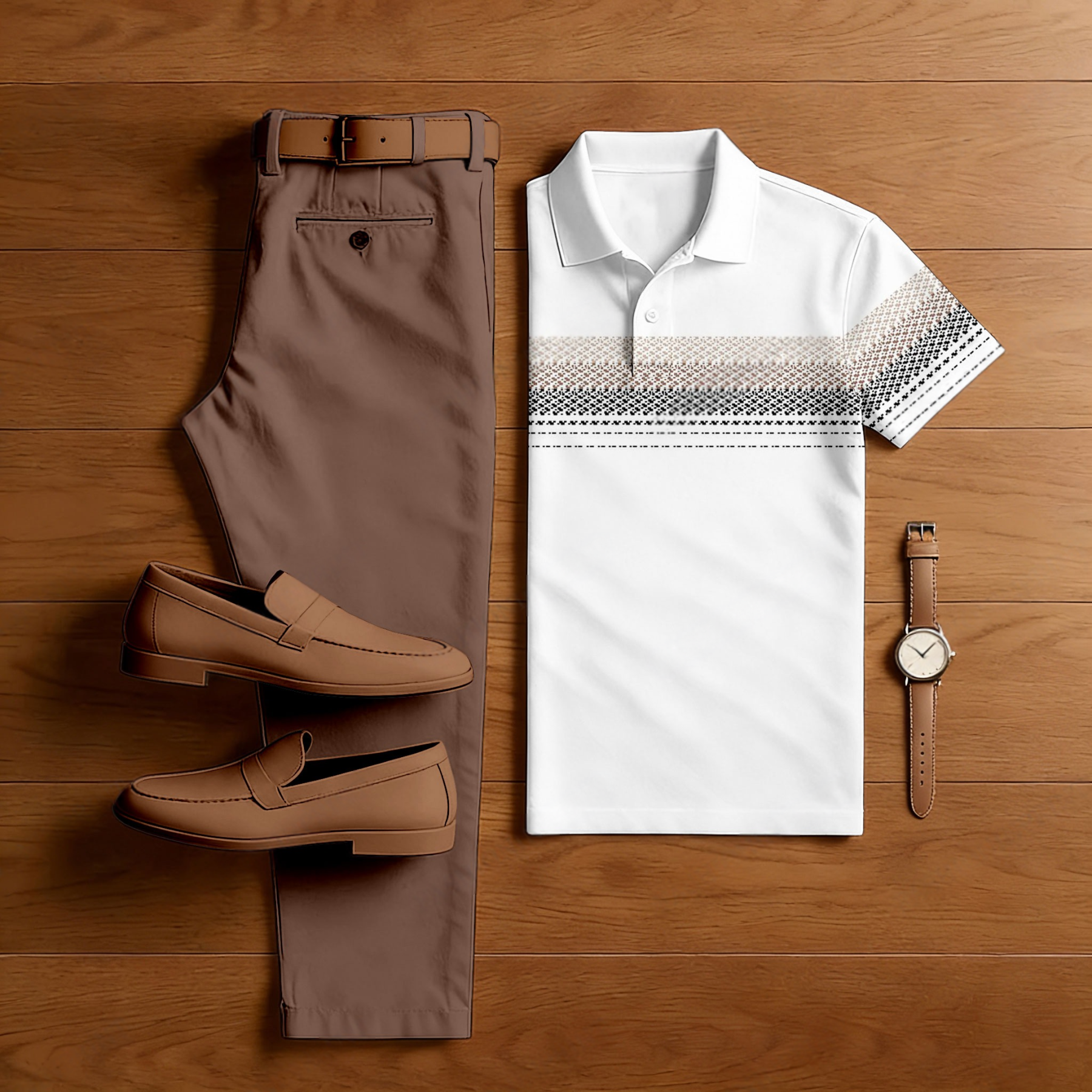 Men's Casual Red Brown & White Color Matching Retro Style Printed Short Sleeved Polo Shirt & Trousers Two-Piece Set
