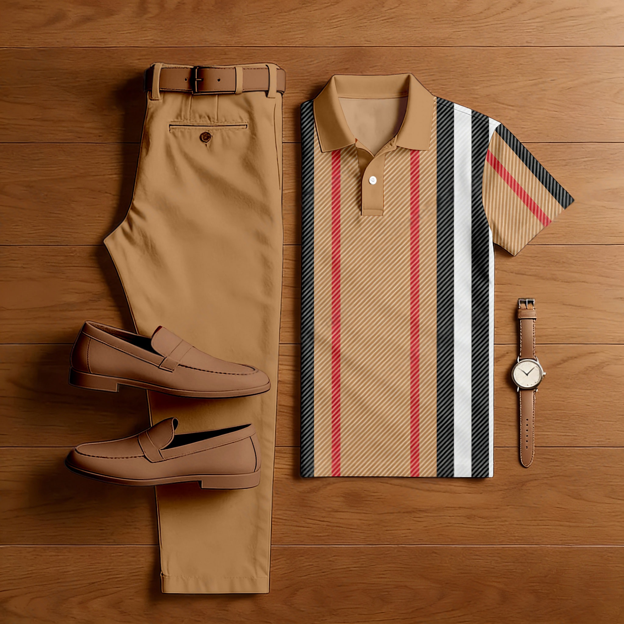 Men's Casual Tan & Black Color Matching Striped Printed Short Sleeved Polo Shirt & Trousers Two-Piece Set
