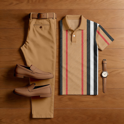 Men's Casual Tan & Black Color Matching Striped Printed Short Sleeved Polo Shirt & Trousers Two-Piece Set