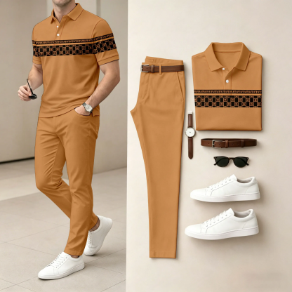 Men's Casual Orange Geometry Printed Polo Shirt And Pants Two-Piece Set