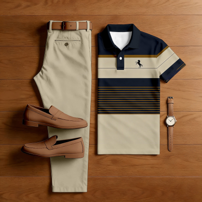Men's Casual Khaki & Navy Blue Color Matching Striped Printed Short Sleeved Polo Shirt & Trousers Two-Piece Set