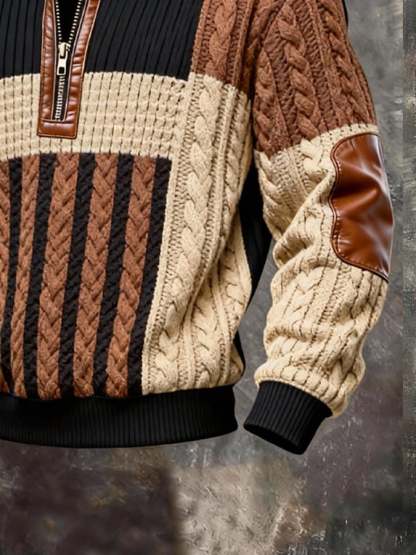 Men'S Casual Retro Contrast Color Half Zip Stand Collar Long Sleeve Sweatshirt