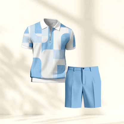 Men's Casual Blue & White Geometry Printed Polo Shirt And Pants Two-Piece Set