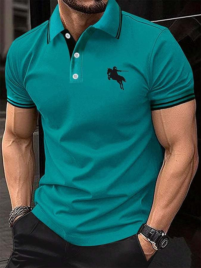 Men's Horse Stripe Print Casual Polo Shirt