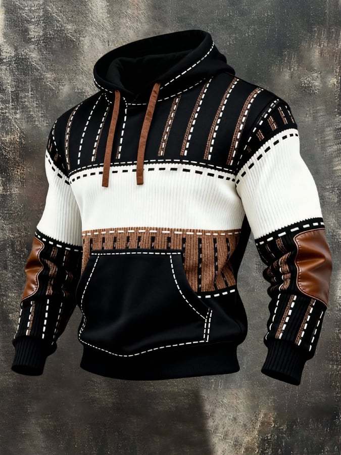 Men's Retro Distressed Color Block Print Casual Long Sleeve Sweatshirt