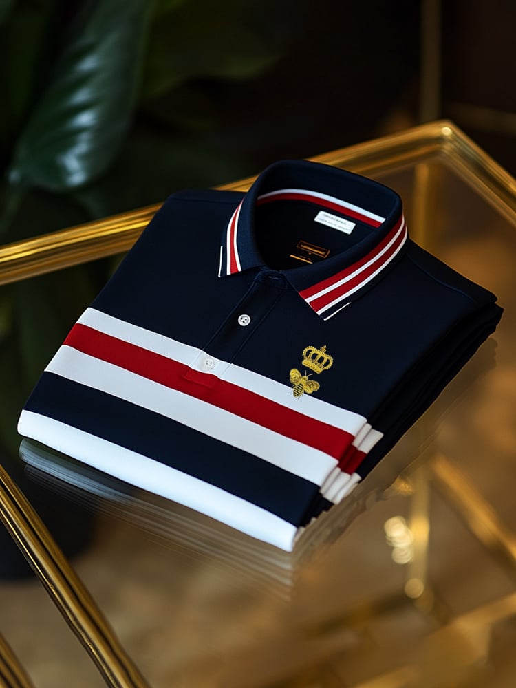 Men's Classic Business Check Logo Button Short Sleeve Polo Shirt