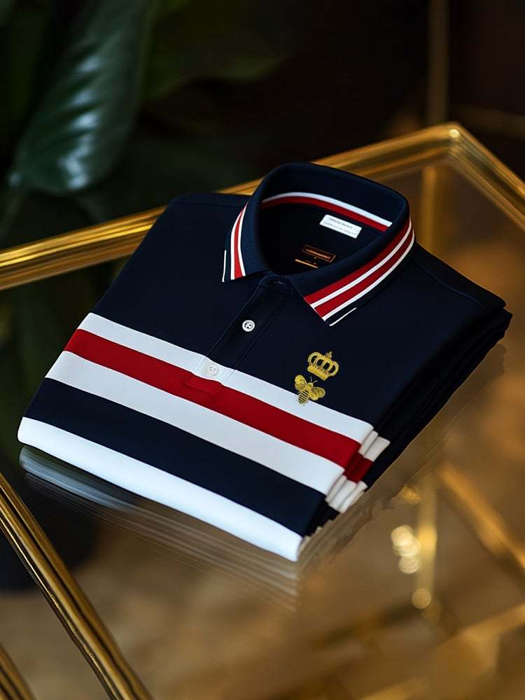 Men's Classic Business Check Logo Button Short Sleeve Polo Shirt