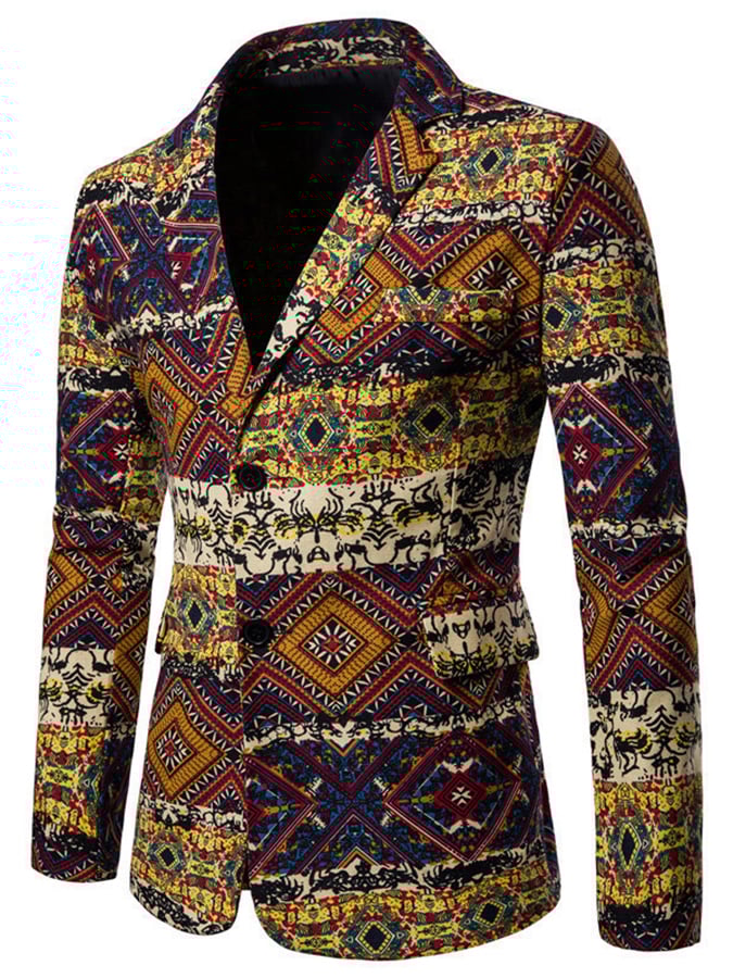 Men's Western Style Printed Patchwork Design Long Sleeve Blazer