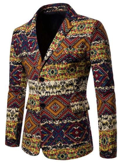 Men's Western Style Printed Patchwork Design Long Sleeve Blazer