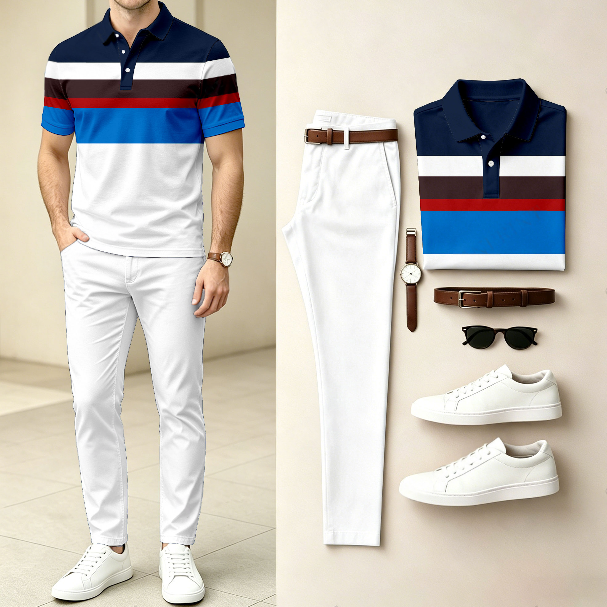 Men's Casual Striped Patchwork Print Short-Sleeve Polo Shirt And Pants Set (Excludes Accessories Such As Watches And Belts)