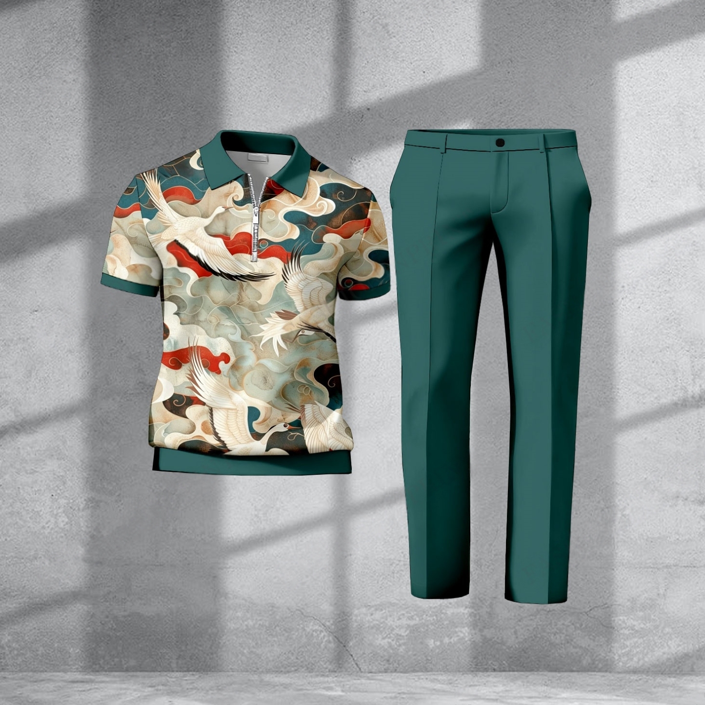 Men's Casual Dark Green Ink Printed Polo Half Zip Short Sleeved and Pants Two-Piece Set