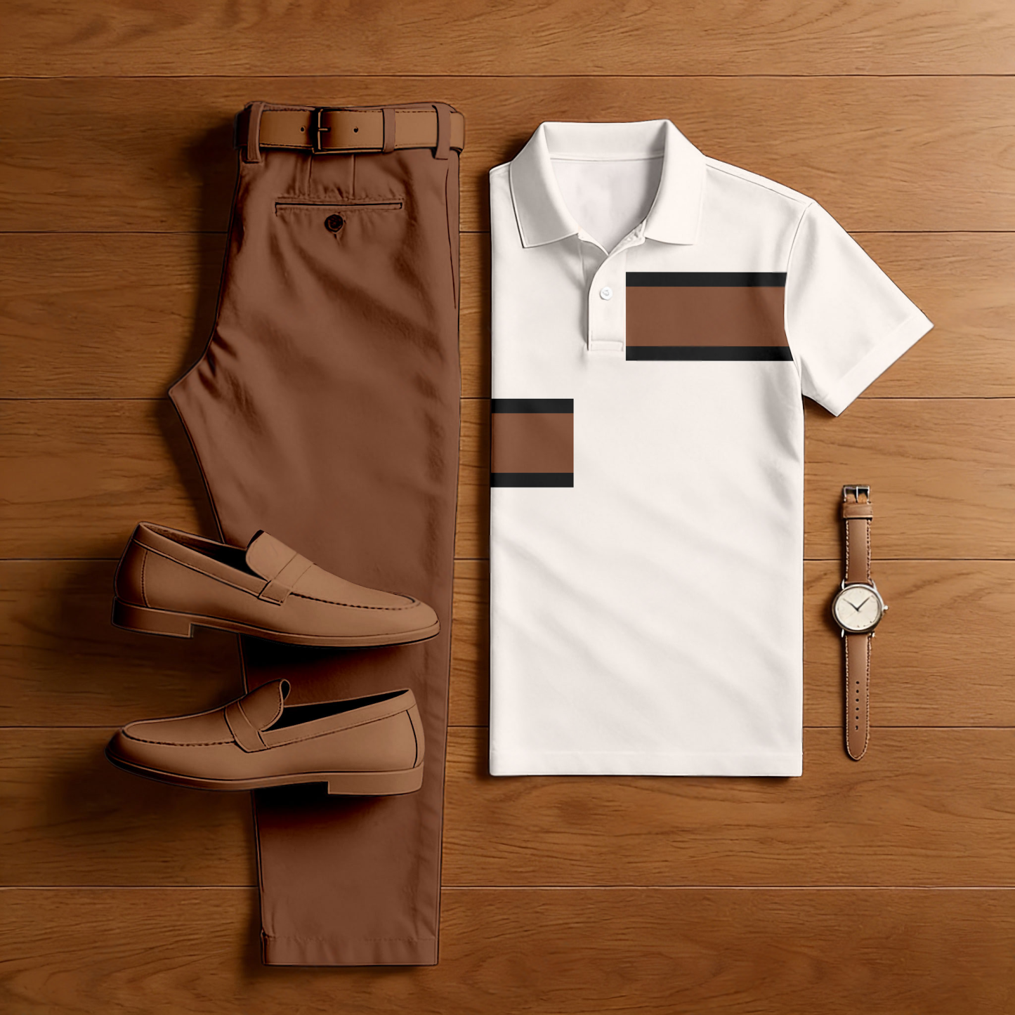 Men's Casual Coffee & White Color Matching Geometric Printed Short Sleeved Polo Shirt & Trousers Two-Piece Set