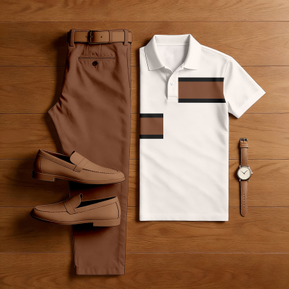 Men's Casual Coffee & White Color Matching Geometric Printed Short Sleeved Polo Shirt & Trousers Two-Piece Set