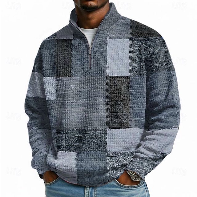 Men's Geometric Plaid Waffle Sweatshirt 