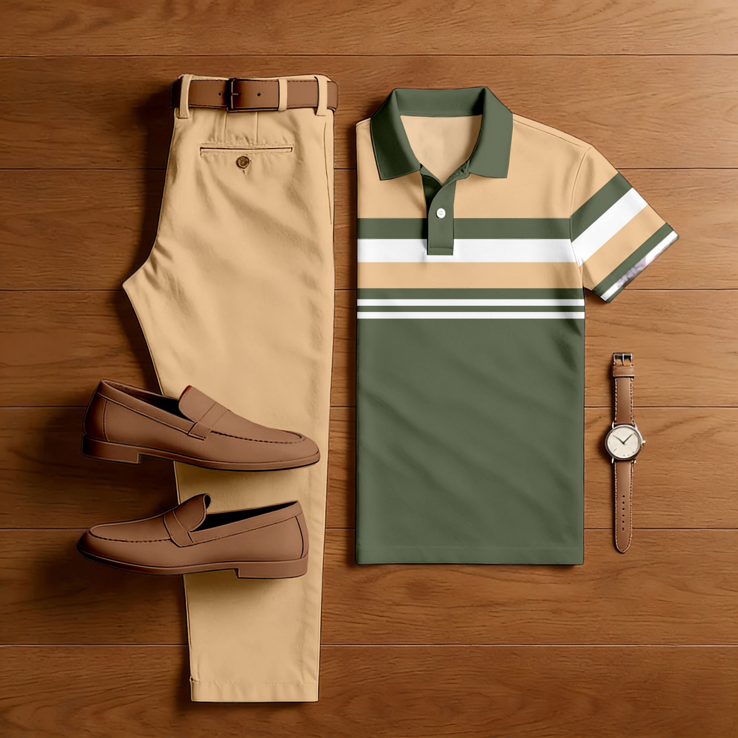 Men's Casual Apricot & Army Green Color Matching Striped Printed Short Sleeved Polo Shirt & Trousers Two-Piece Set