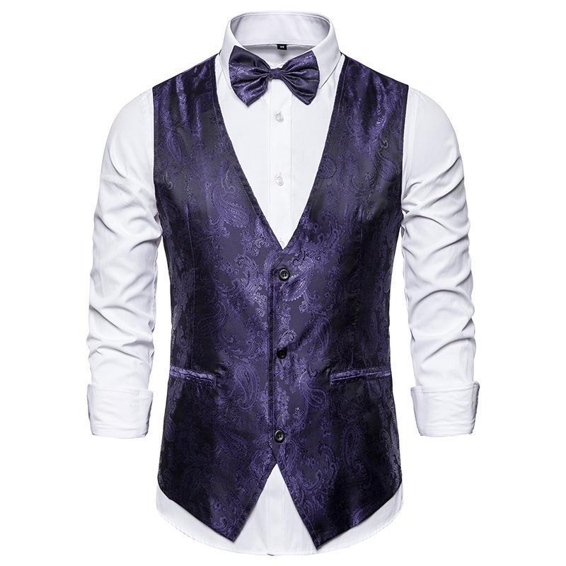 Mens Hipster Metallic Paisley Printed Single Breasted V-Neck Suit Vest/Tuxedo Waistcoat
