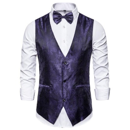 Mens Hipster Metallic Paisley Printed Single Breasted V-Neck Suit Vest/Tuxedo Waistcoat