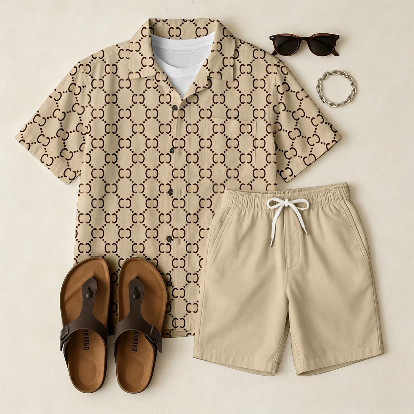 Men's Casual Off-White Checkered Short-Sleeve Shirt And Printed Shorts Two-Piece Set