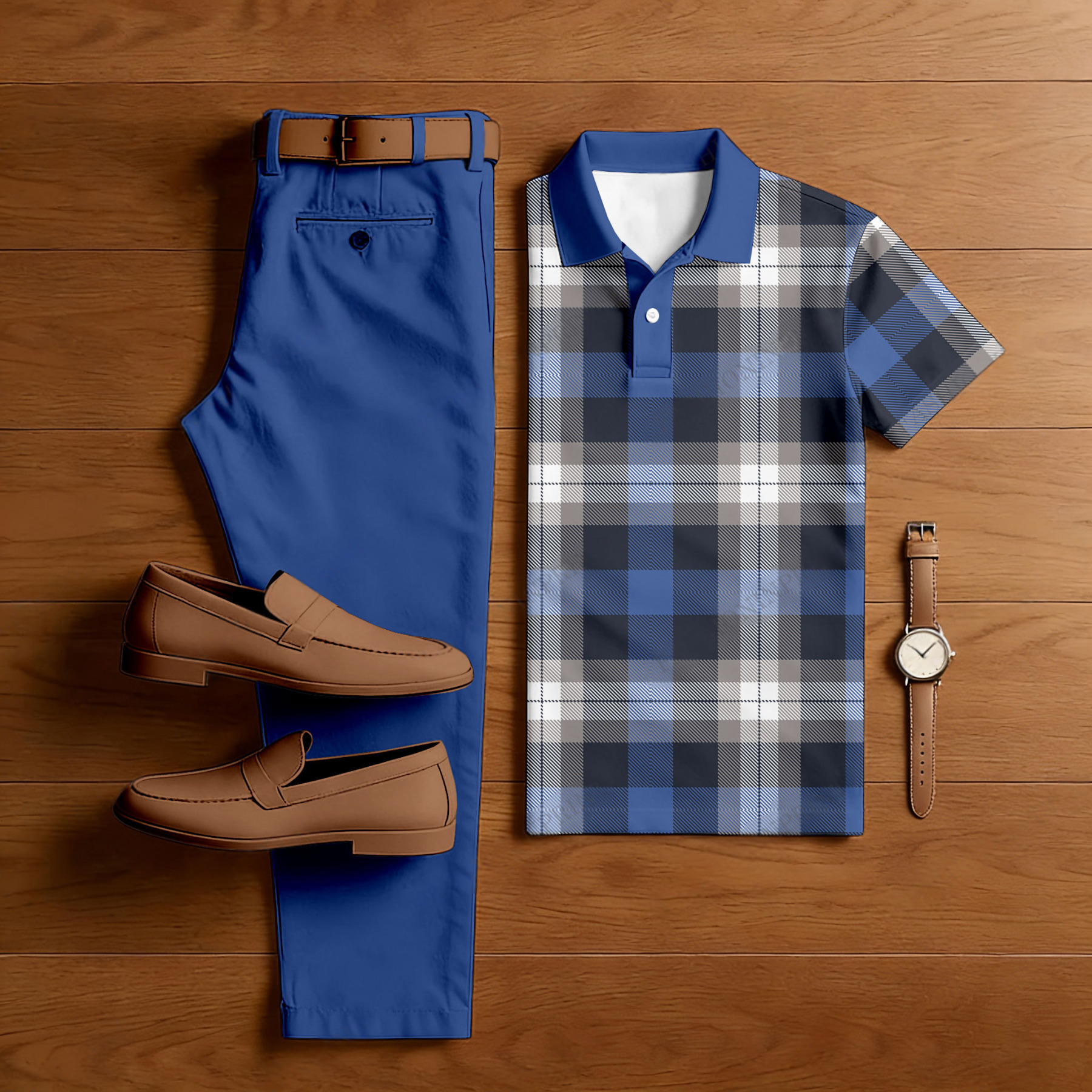 Men's Casual Deep Blue & Black Color Matching Checkered Printed Short Sleeved Polo Shirt & Trousers Two-Piece Set