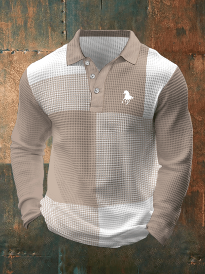 Men's Business Casual Waffle Fabric Long Sleeve Polo Shirt
