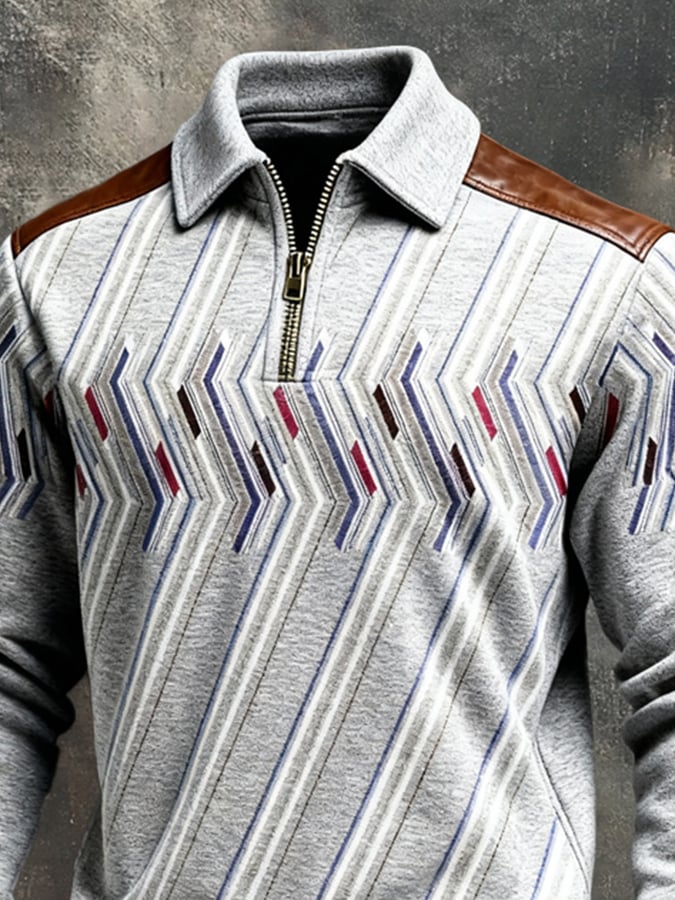 Men's Retro Color Block Print Color-Blocked Zip-Up Sweatshirt
