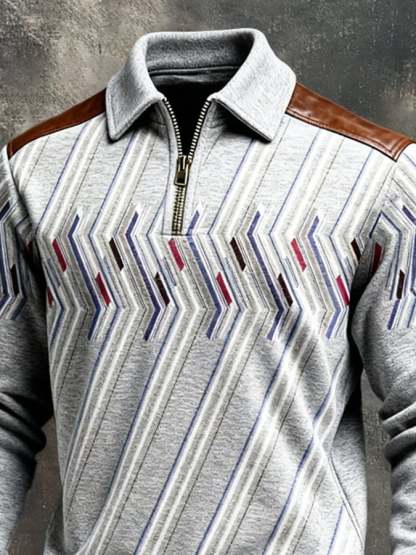 Men's Retro Color Block Print Color-Blocked Zip-Up Sweatshirt