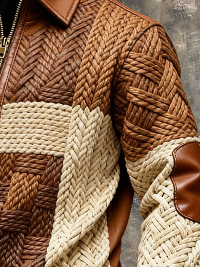 Men's Retro Color Block Print Zipper Sweatshirt