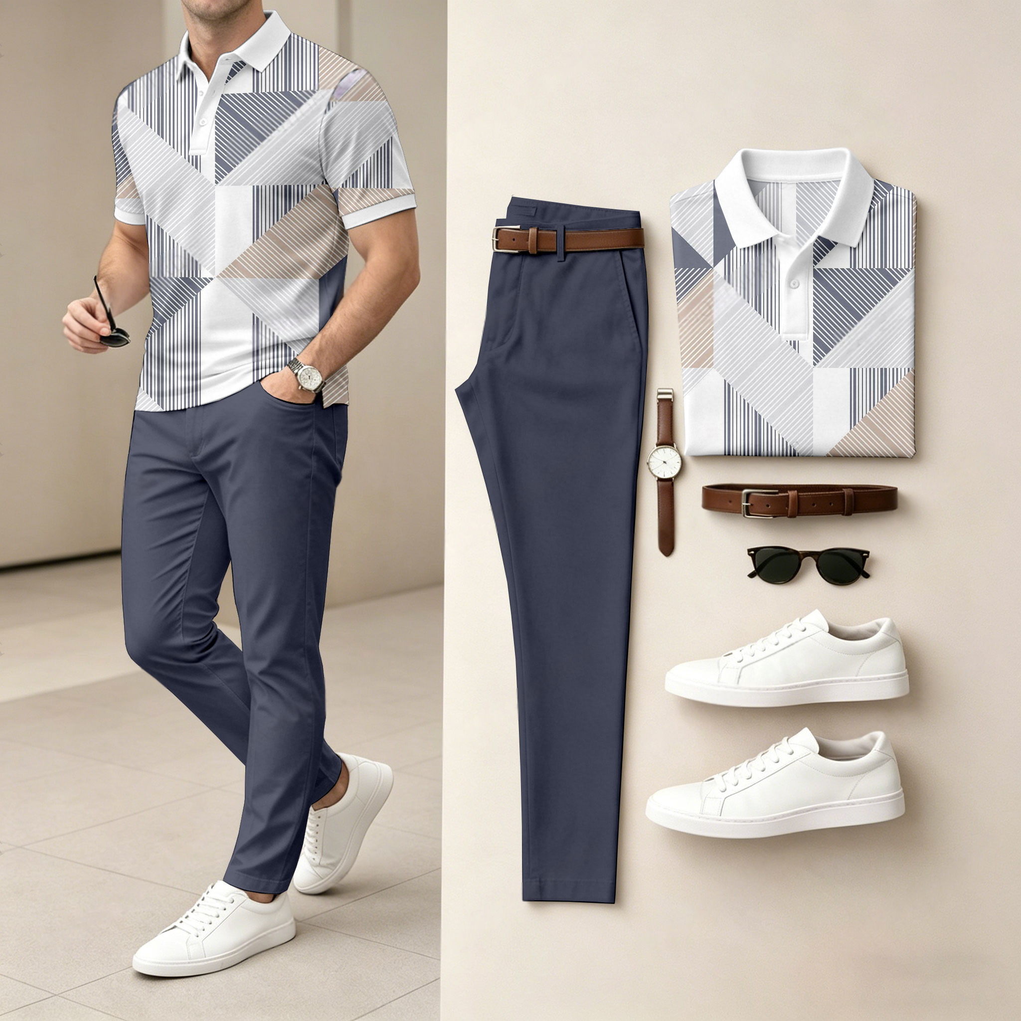 Men's Casual Printed Polo Shirt And Pants Two-Piece Set