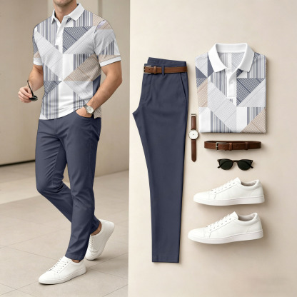 Men's Casual Printed Polo Shirt And Pants Two-Piece Set