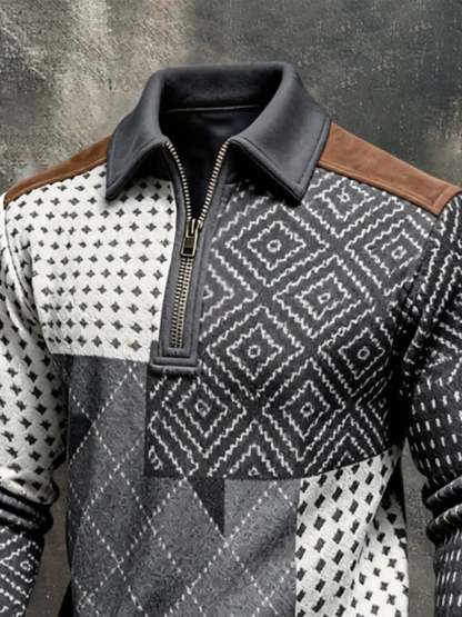 Men's Retro Color Block Print Color-Blocked Zip-Up Sweatshirt