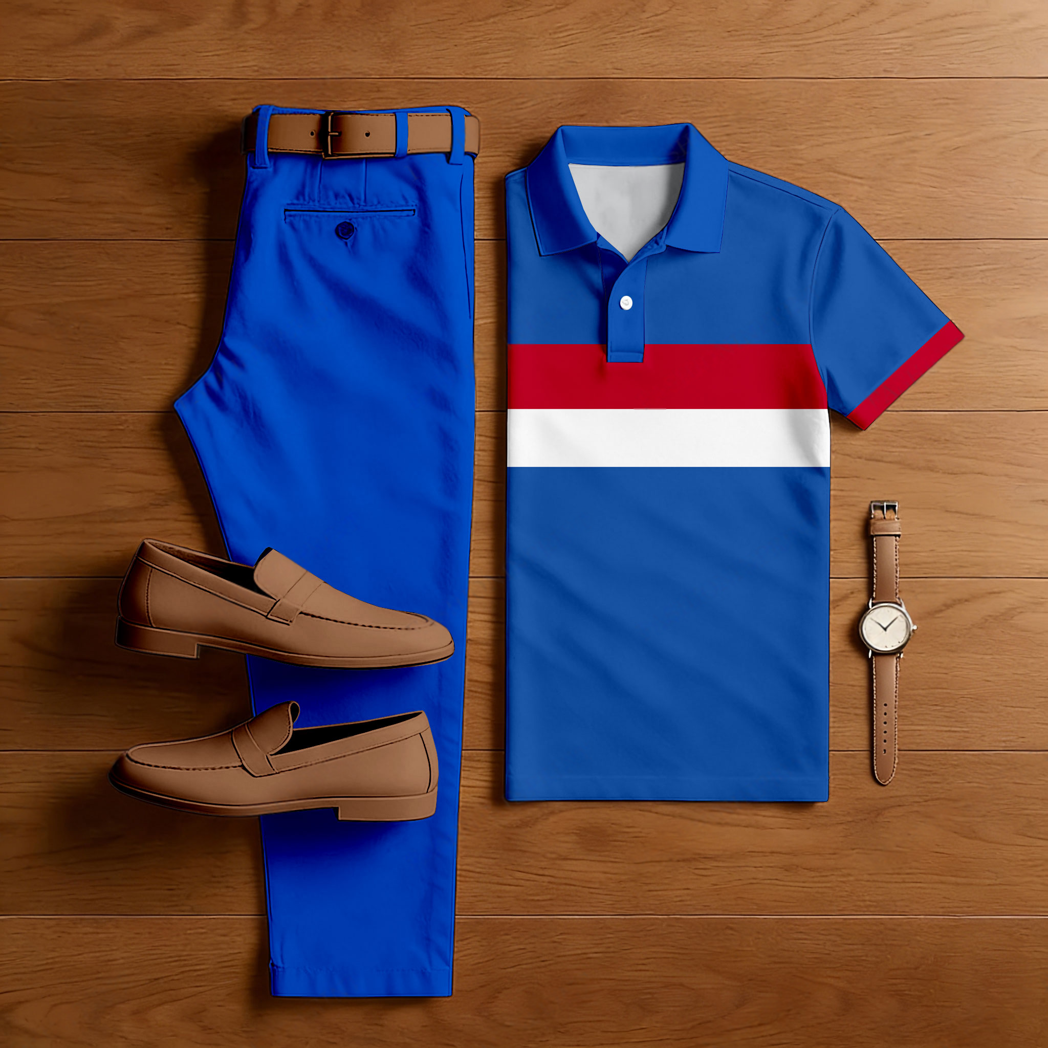 Men's Casual Royal Blue & Red Color Matching Striped Printed Short Sleeved Polo Shirt & Trousers Two-Piece Set