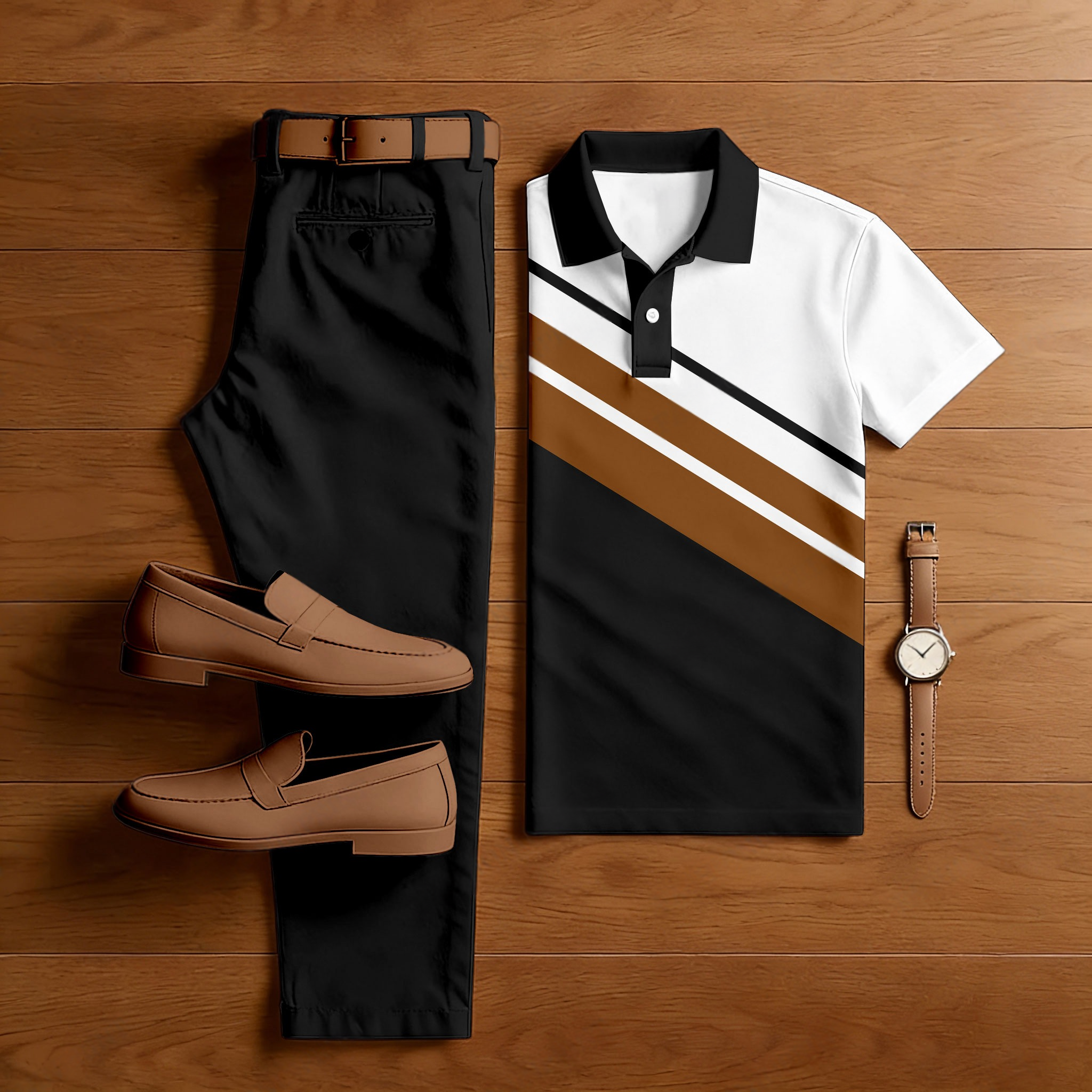 Men's Casual Black & White Color Matching Geometric Printed Short Sleeved Polo Shirt & Trousers Two-Piece Set