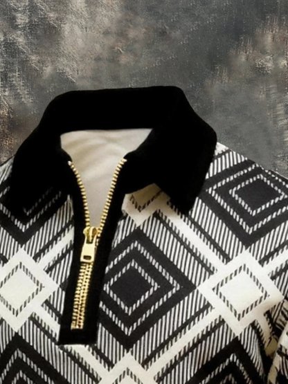 Men's Vintage Color-Block Printed Zip-Up Hoodie