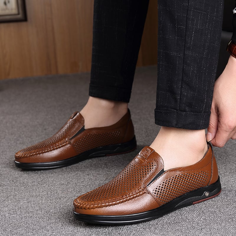 Men'S Round Toe Hollowed Out Business Leisure Loafer Leather Shoes