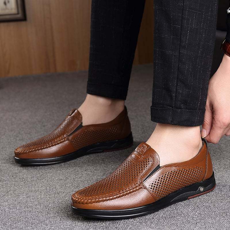 Men'S Round Toe Hollowed Out Business Leisure Loafer Leather Shoes