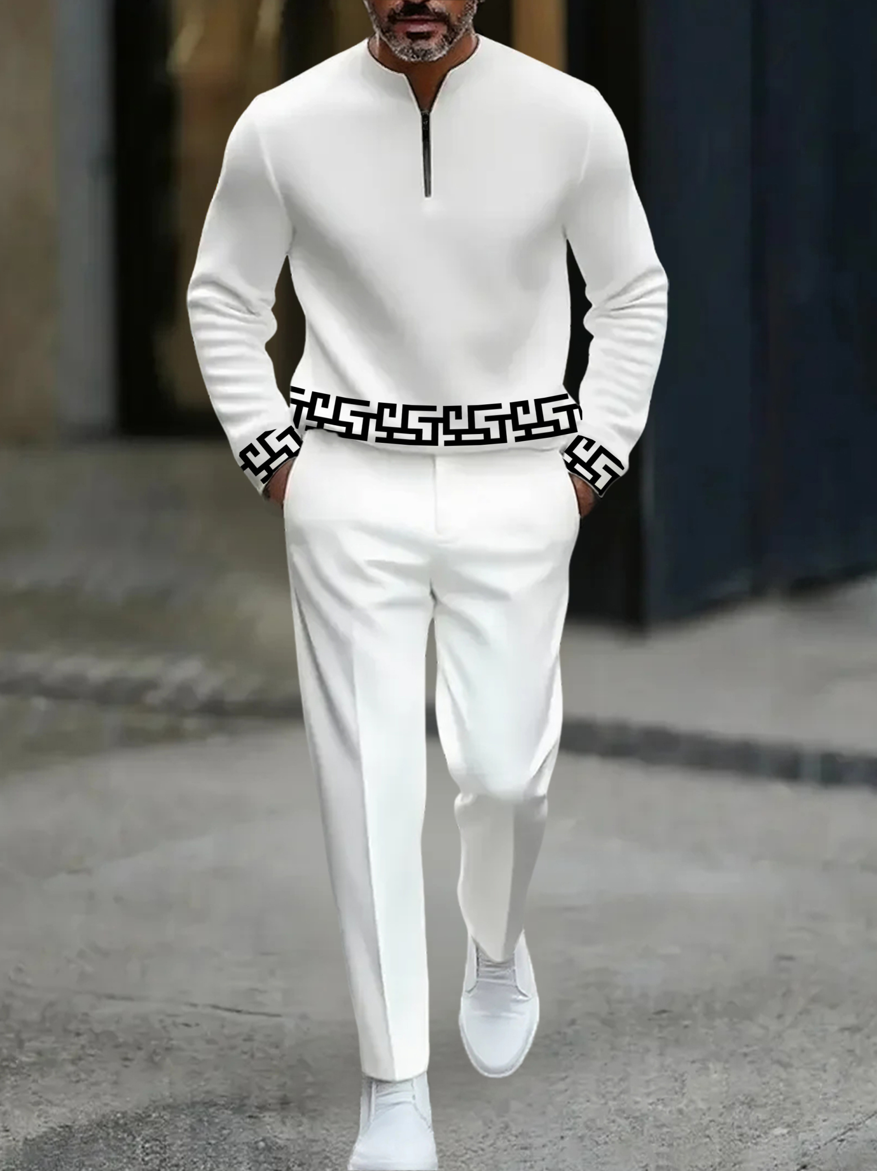 Men's Casual Black & White Color Matching Geometric Printed Round-Neck Zipper Long Sleeved Sweatshirt & Trousers Two-Piece Set