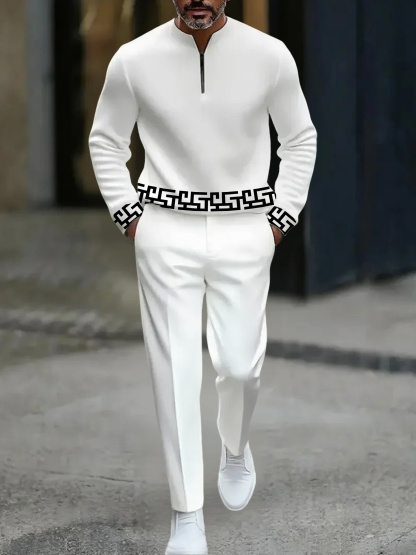 Men's Casual Black & White Color Matching Geometric Printed Round-Neck Zipper Long Sleeved Sweatshirt & Trousers Two-Piece Set