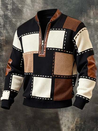 Men'S Casual Retro Contrast Color Half Zip Stand Collar Long Sleeve Sweatshirt