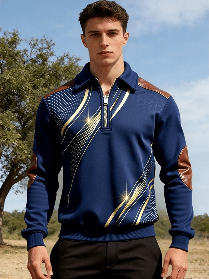 Men's Retro Color Block Print Color-Blocked Zip-Up Sweatshirt