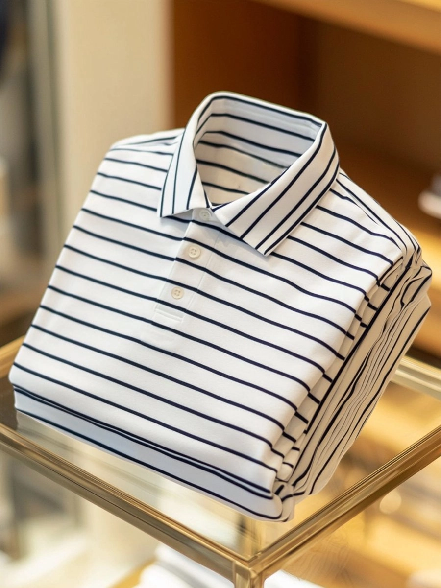 Men's Business Casual Striped Button Short Sleeve Polo Shirt