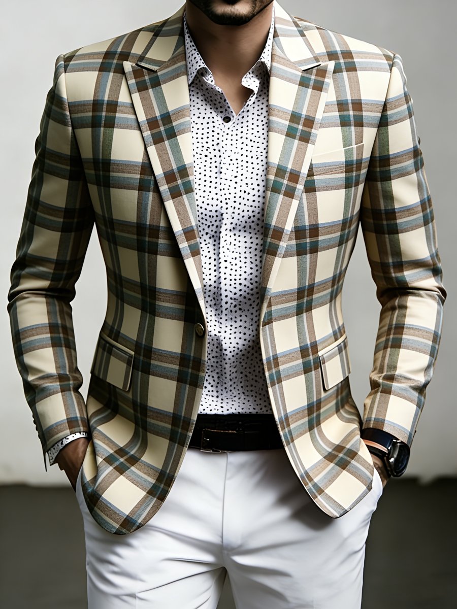 Men's Luxury Business Plaid Print Suit Jacket