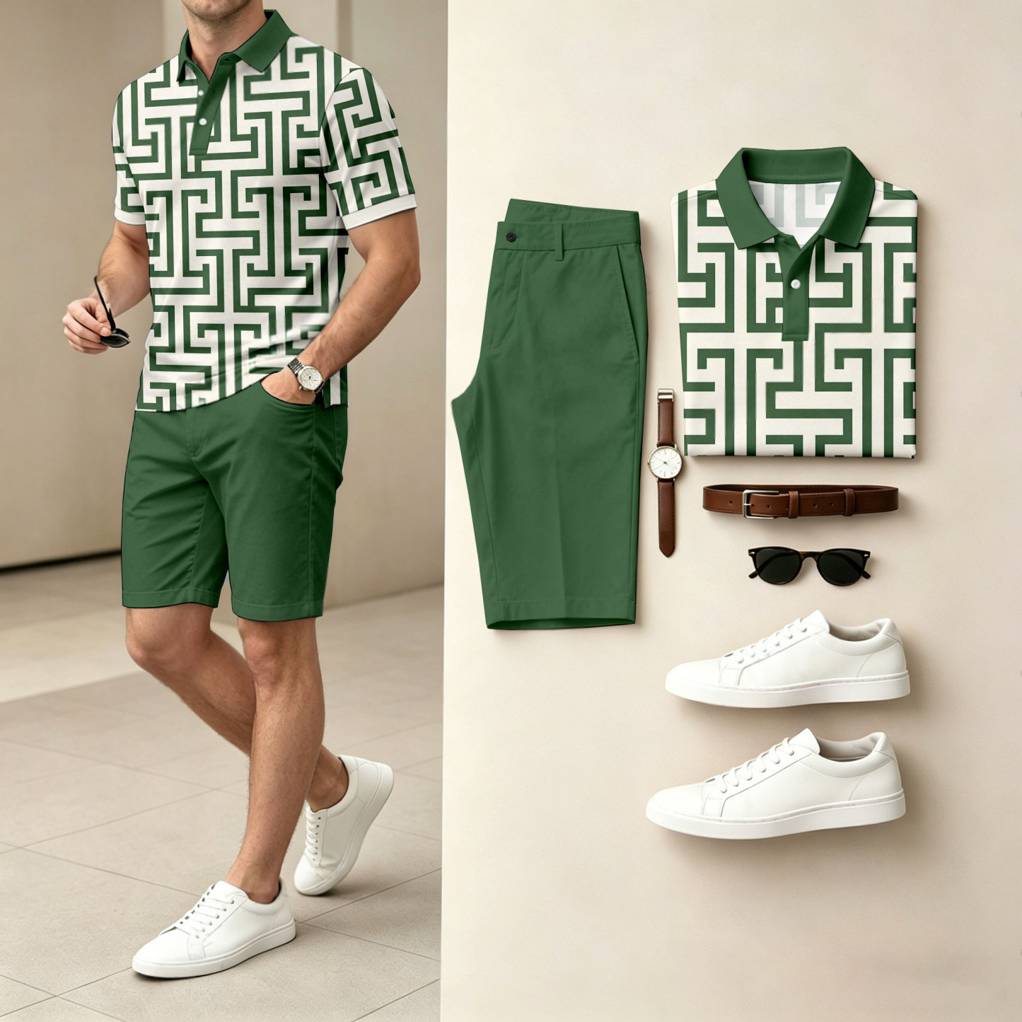 Men's Casual Geometric Color Polo Shirt & Shorts Two-Piece Set