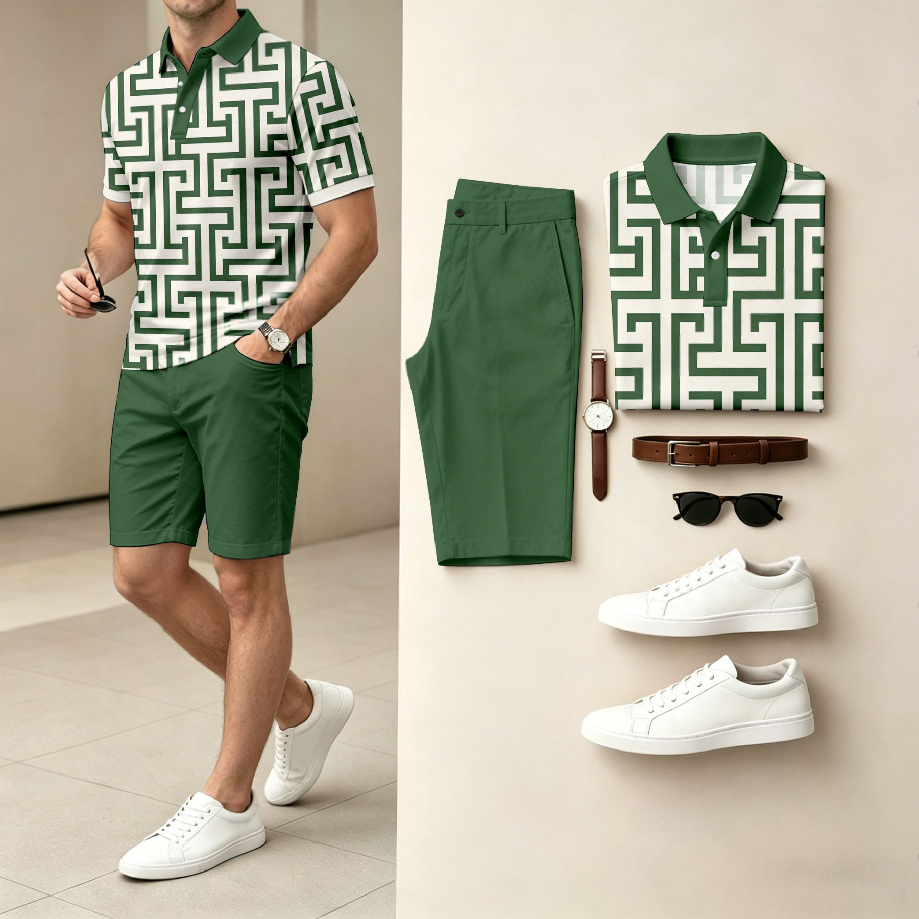 Men's Casual Geometric Color Polo Shirt & Shorts Two-Piece Set