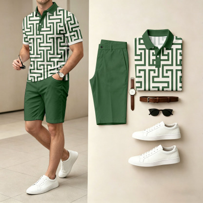 Men's Casual Geometric Color Polo Shirt & Shorts Two-Piece Set