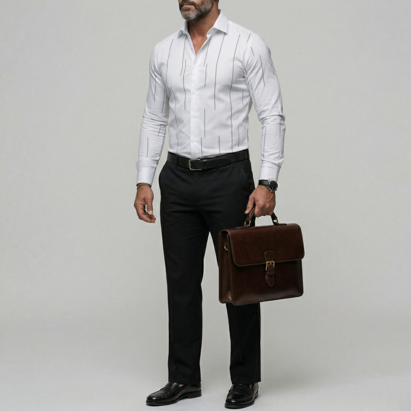 Men's Business Casual Light Blue Line Print Button Up Slim Fit Long Sleeve Shirt