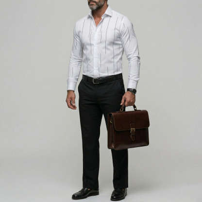 Men's Business Casual Light Blue Line Print Button Up Slim Fit Long Sleeve Shirt