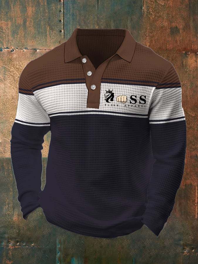 Men's Retro Letter Design Waffle Fabric Long Sleeve Polo Shirt