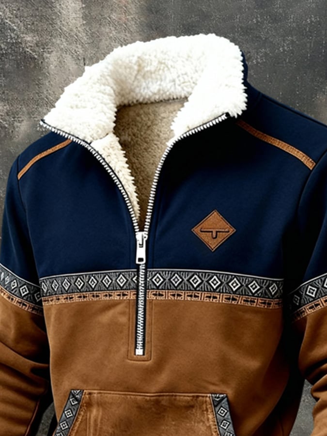 Men's Retro Color Block Printed Fur Collar Sweatshirt